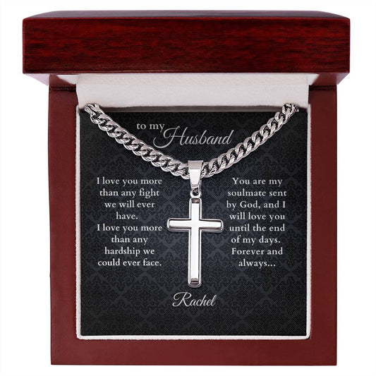My Husband, I Love You, Steel Cross Necklace with Engraving and Personalized Message Card from Wife