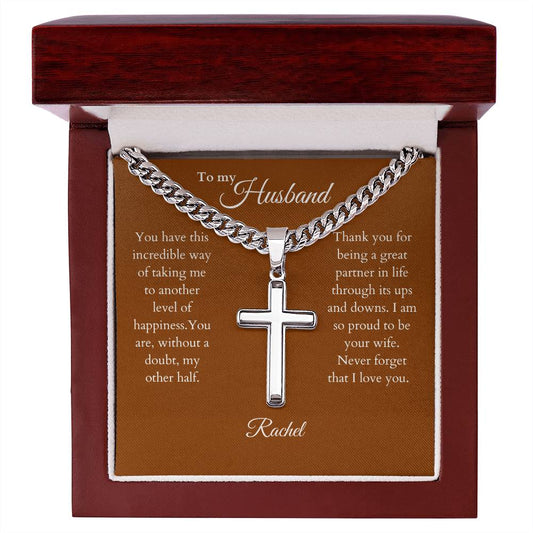 My Husband, My Partner, Steel Cross Necklace with Engraving and Personalized Message Card from Wife