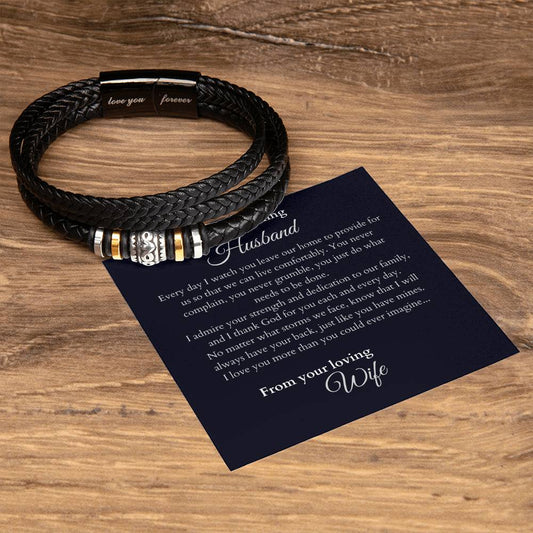 Hardworking Husband, Stainless Steel and Vegan Leather Bracelet with Message Card from Wife