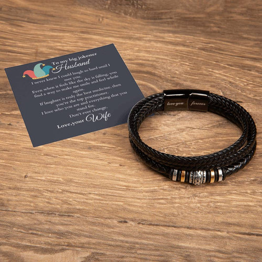 My  Jokester Husband, Stainless Steel and Vegan Leather Bracelet with Message Card from Wife