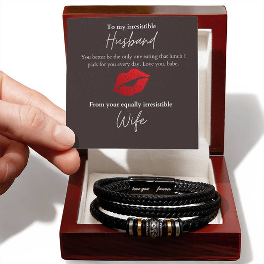 My Irresistible Husband, Stainless Steel and Vegan Leather Bracelet with Message Card from Wife
