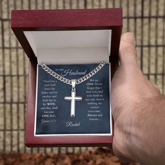 Steel cross necklace, gift for husband with message card, signed by wife and a scripture, Genesis 2:24
